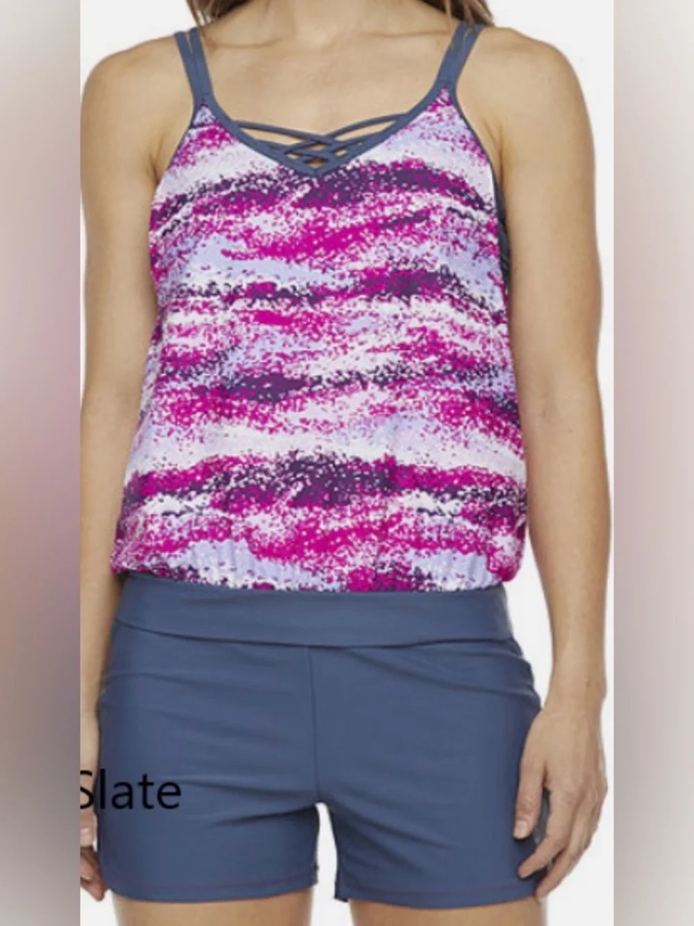 Free Country Blouson Swimsuit Tankini Top‎ Size Medium Color: Magenta Slate